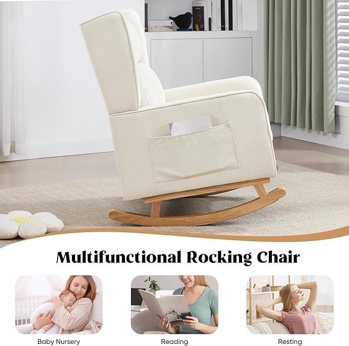 Nursery Rocking Chairs Rocking Chair Nursery for Mom Nursery Rocker with High Backrest and Solid Wood Legs Modern Wingback Accent Chair Set of 2 for Reading Living Room Bedroom Beige