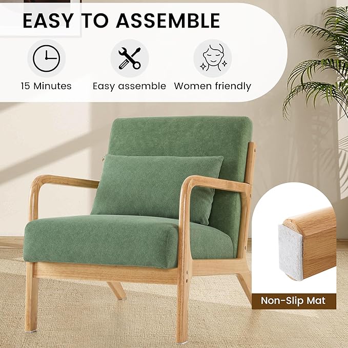 Mid Century Modern Accent Chair Set of 2 Upholstered Chair for Living Room Accent Chair with Lumbar Pillow Solid Wood Frame Reading Chair Armchair for Bedroom Small Spaces Green