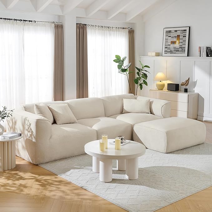 Luxury Living Room Double-Needle Cut Velvet Sofa 4-Seater with Pure Sponge Seat Cushions A Detachable Footstool and 3 Throw Pillows L Shaped Polyester Sofa for Living Rooms (Beige-EK99)