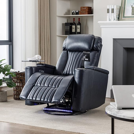270° Power Swivel Recliner Home Theater Seating With Hidden Arm Storage and LED Light Strip Cup Holder 360° Swivel Tray Table and Cell Phone Holder Soft Living Room Chair Blue