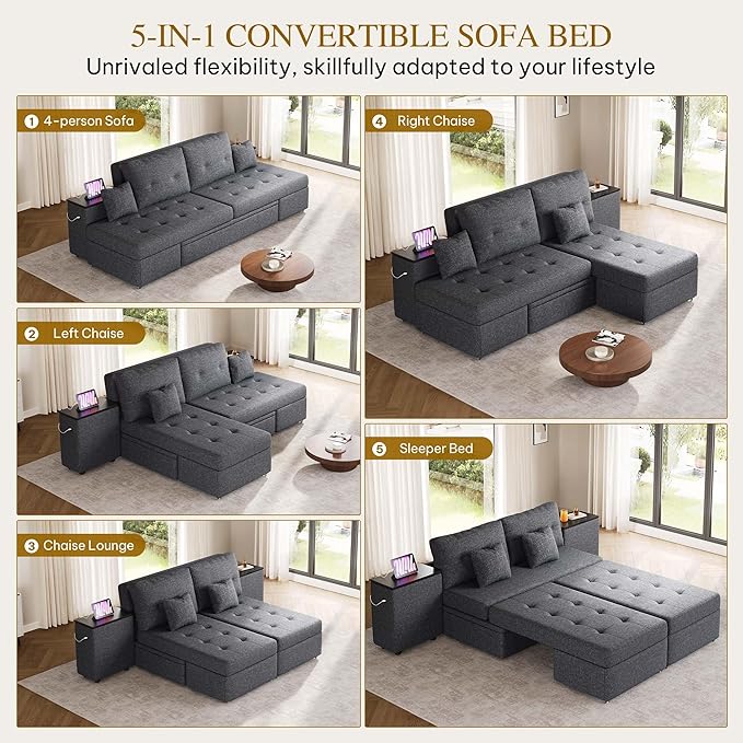 YITAHOME Queen Size Sleeper Sofa 5-in-1 Convertible Sofa Bed Couch with 2 Storage Cabinets and USB Ports 100 Sectioanl Sofa Couch with 2 Throw Pillow for Living Room Grey Linen Fabric