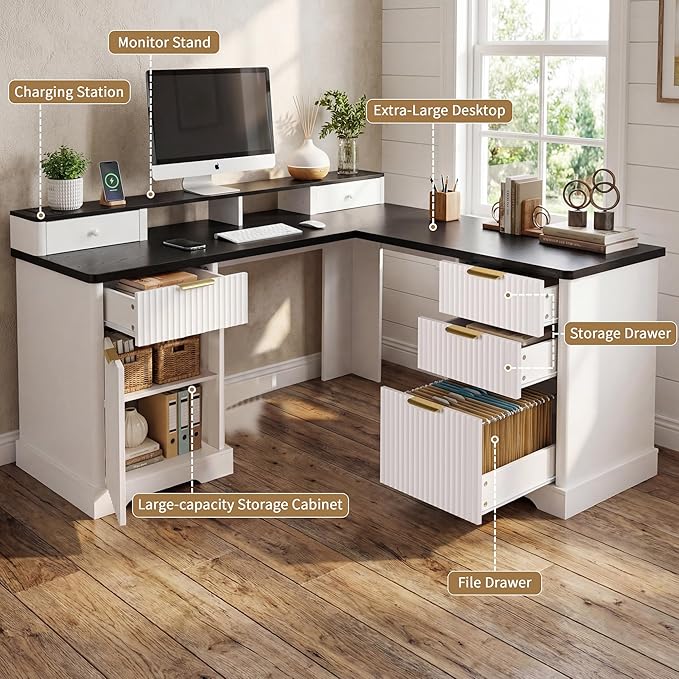 L-Shaped Fluted Office Desk with USB Charging Station Removable Monitor Stand File Drawer &amp Adjustable Storage Cabinet Modern Corner Computer Desk