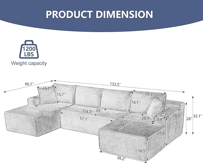 GNIXUU 133.5 Corduroy Boneless Sectional Couches for Living Room Oversized Plush U Shaped Cloud Couch Modular Sectional Sofa with Deep Seat Cup Holders &amp Storage Pocket No Assembly Required Gr