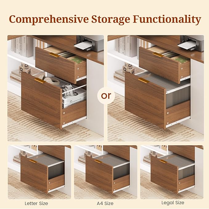 L Shaped Standing Desk Adjustable Height 53 Electric Office Desk with File Drawers &amp Storage Shelves Sit Stand Corner Computer Desk with Power Outlets Pegboard 6 Hooks White&amp Walnut
