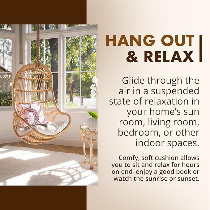 KOUBOO Hanging Rattan Swing Chair with Seat Cushion Handwoven Natural Rattan Chair Coastal Home Decor Furniture for Bedroom Living Room &amp Sun Room Natural