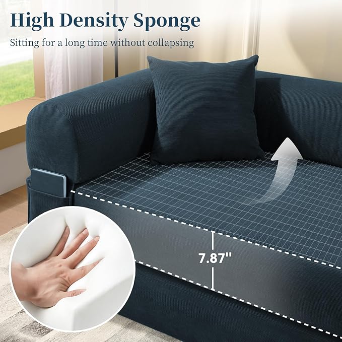 KBQ 3-Seat Convertible Sleeper Sofa Bed with 2 Pillows Corduroy Folding Mattress Couch Floor Sofa Lounge Couch for Living Room Bedroom Lounge Studio Navy Blue