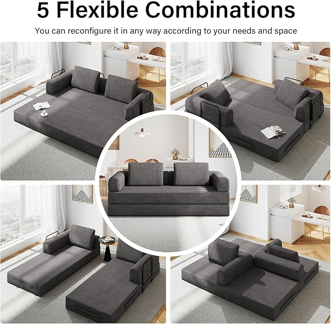 78'' Sleeper Couch Bed for Living Room Convertible Modular Sofa with Fixed Frame &amp Side Pocket Corduroy Futon Boneless Couches in a Box No Assembly Gray