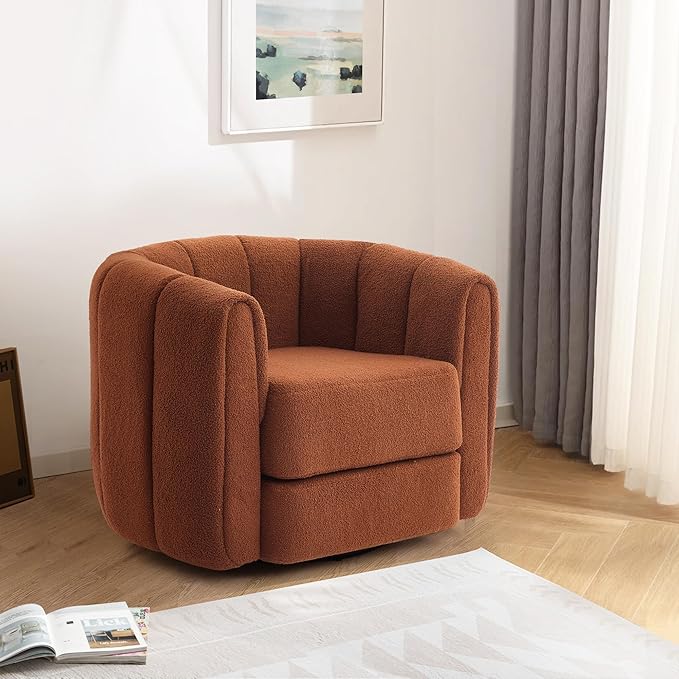 Eafurn 360° Swivel Accent Chair Furry Barrel Armchair Boucle Upholstered Leisure Lounge Sofa Reading Chair Oversized Padded Armchair with Thickness Cushions and Tufted Design for Living Room Bedroom