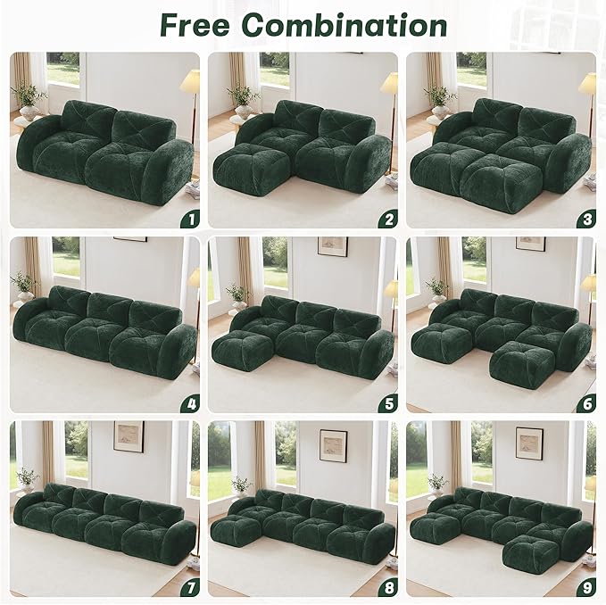 KEIKI 80 L-Shaped Velvet Modular Sectional Loveseat Sofa with High-Density Foam Cushion &amp 2 Pillow &amp 1 Ottoman Compressed Boneless 2-Seater Couch No Assembly Required for Living Room Gree