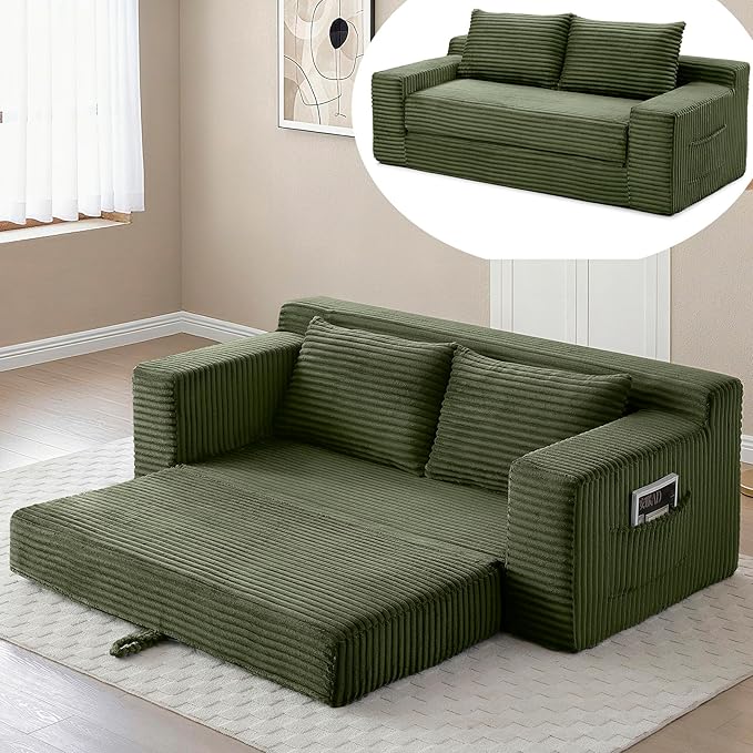 73 Cloud Loveseat Sofa Bed Green - Boneless 2-Seater Couch No Assembly Convertible Folding 2-in-1 Design Small Space Corduroy Memory Foam Floor Lounge Couch for Bedroom Living Room (Green)