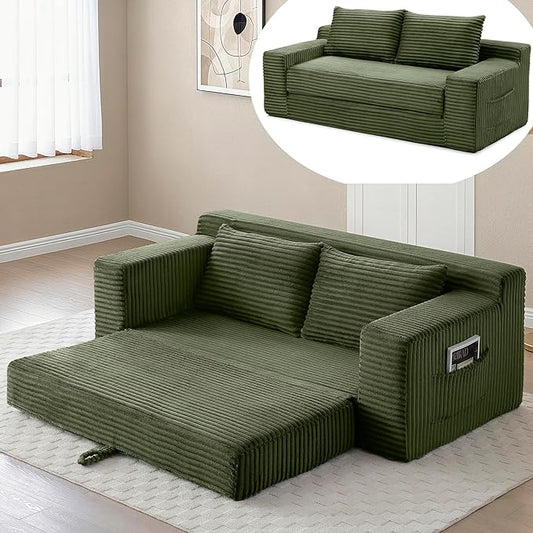 73 Cloud Loveseat Sofa Bed Green - Boneless 2-Seater Couch No Assembly Convertible Folding 2-in-1 Design Small Space Corduroy Memory Foam Floor Lounge Couch for Bedroom Living Room (Green)