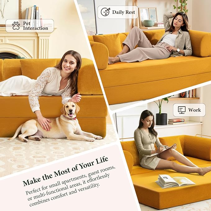 Convertible Floor Sofa Bed Corduroy Modular Floor Couch with Pillow Comfy Modern Sofa Convertible Folding Couches for Living Room Bedroom