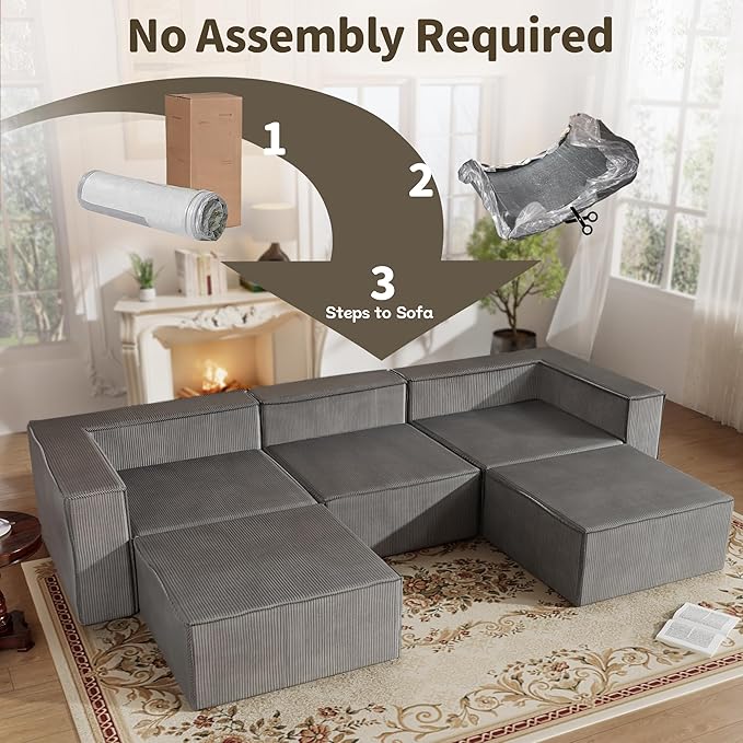 DONICK Premium Modern Modular Sectional Comfy Cloud Couch Corduroy Sofa with Deep Seat Upholstered Couches DIY Combination No Assembly Required for Living Room Bedroom Gray Ottoman