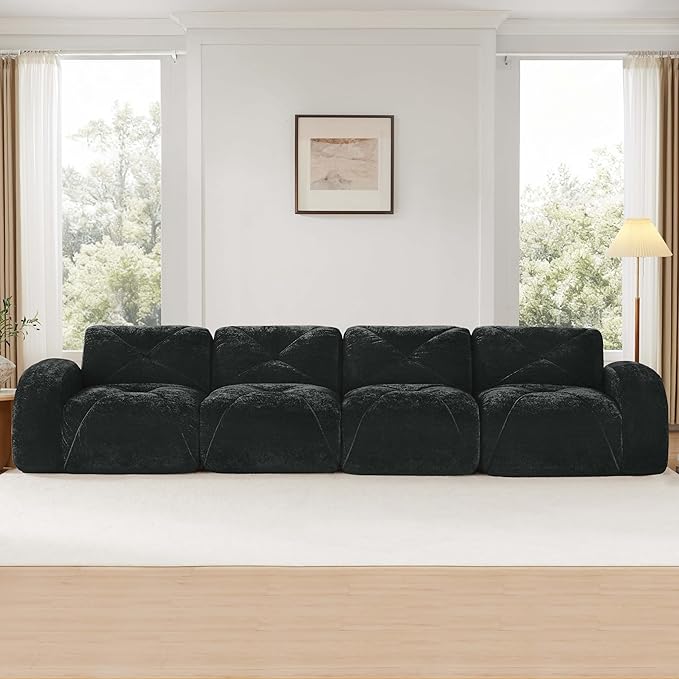 KEIKI 141 Velvet Modular Sectional Sofa with High-Density Foam Cushion &amp 4 Pillow Upholstered Oversized Compressed Boneless Tufted 4-Seater Couch No Assembly Required for Living Room Black