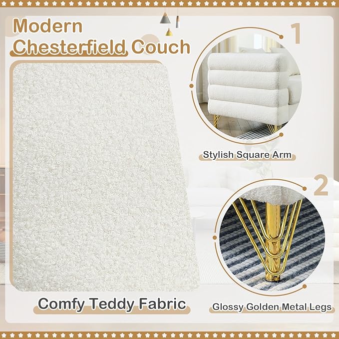 Antetek L-Shaped Sectional Couches Modern Teddy Fabric Upholstered Chaise Lounge Sofa Couch with Square Arm and 4 Golden Metal Legs for Living Room Office Ivory