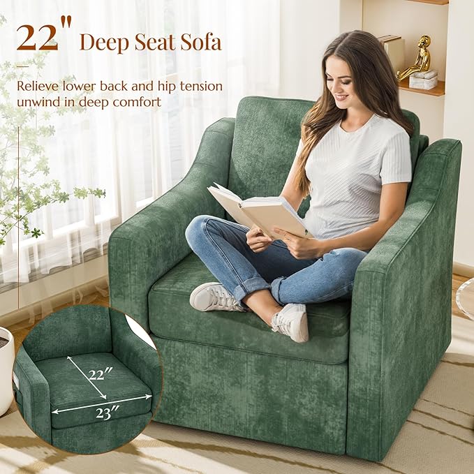 360° Swivel Accent Chair Set of 4 Large Comfy Reading Chairs Accent Square Single-seat Armchair Upholstered Sofa for Reading Nursery Living Room Bedroom Lounge Hotel Green
