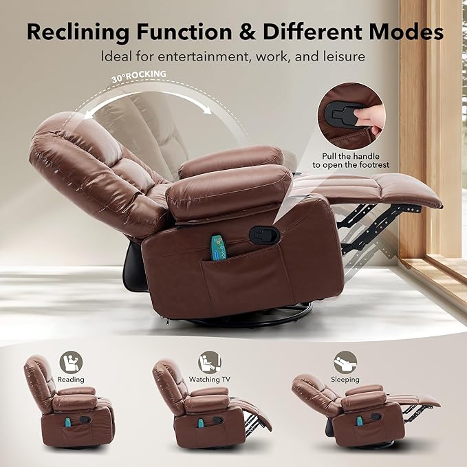 Rocker Recliner Chair with Heat and MassageNursery Recliner 360° Swivel Oversized Chairs for AdultsPU Leathe Lazy Boy Single Sofa Seat with 3 Positions Side PocketsCup Holders for Living Room