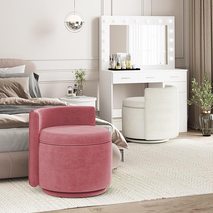 360° Swivel Accent Chair with Storage Vanity Stool with Back Velvet Storage Ottoman Upholstered Round Barrel Vanity Chair for Living Room Makeup Room Bedroom (Dusty Rose)
