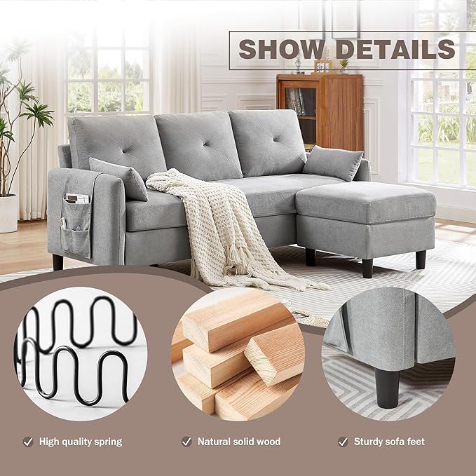 2 Piece Sectional Sofa Set Modern Convertible Sectional Sofa 3 Seat L Shaped Sofa and Chair with Storage Ottoman for Living Room ApartmentLight Grey