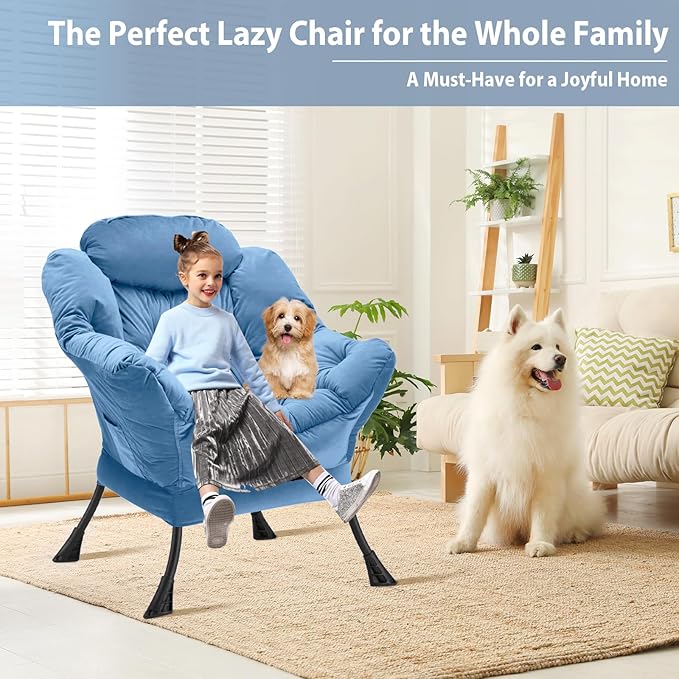 Lazy Chair Thick Padded Comfy Velvet Accent Lounge Chair with Stable Frame Leisure Sofa Armchair with Armrests and Side Pocket Reading Chair for Bedroom Living Room Office Light Blue