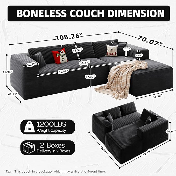 108” Boneless Couches for Living Room L-Shape Modular Sectional Sofa Couches High Rebound Sponge Comfy Fluffy Corduroy Cloud Couch with Oversized Chaise and Deep Seat (Charcoal Black)