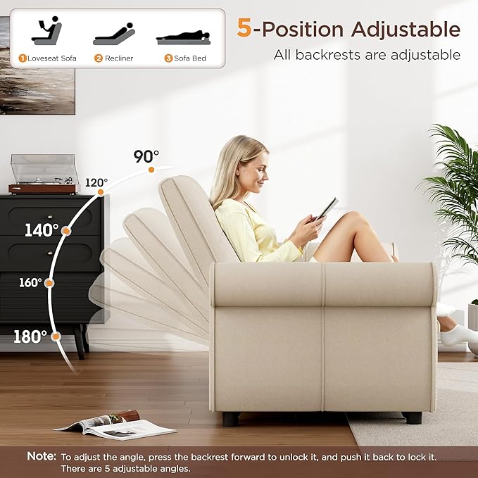 3 in 1 Sofa Bed 61 Inch Convertible Pull out Couch with Four Pillows Loveseat Sleeper Sofa with Adjustable Backrest Sofa Couches for Living Room Bedroom Apartment Chenille Fabric Beige
