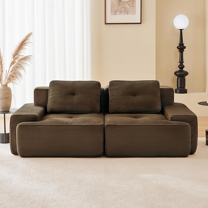 82'' Boneless Couch Modular Sectional Sofa Modern Sectional Couches for Living Room with Deep Seat Comfy Corduroy Cloud Couch Tufted Loveseat Small Sofa Couches Sleeper Sofas Brown