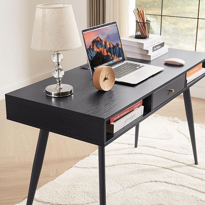 JUSTONE 47 Computer Desk for Home Office - Modern Study Desk with Built-in USB Ports &amp Power Outlet - Multi-Functional Writing Desk/Makeup Vanity - Industrial Two-Tone Black Oak &amp Dark Grey F