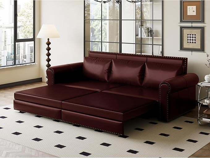 93.7 King Pull Out Sofa Bed Faux Leather Sleeper Sofa Couch 3 in 1 Convertible Futon Couches for Living Room Small Space Apartment Office Bedroom Modern Rivet Armrest Burgundy