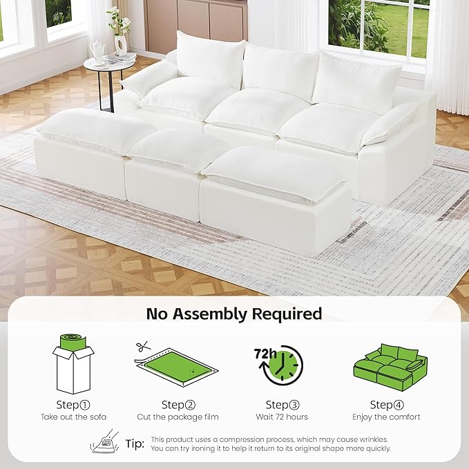 109 3 Seat Boneless Couch with Movable Ottoman Boneless Modular Sectional Sofa Deep Seat Modern Sleeper Sofa Bed for Living Room Cloud Modular Sectional Couch 3 Seat Chenille Chaise Lounge White
