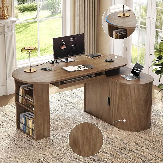 HSH L Shaped Computer Desk with Storage Cabinet Reversible Office L Desk with Keyboard Tray and Open Shelves Home Office Corner Executive Desk with Power Outlet Annual Ring Wood 60 Inch