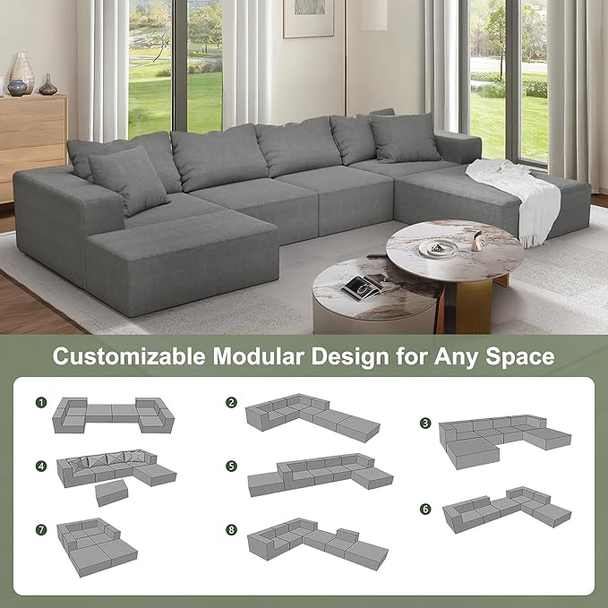 132 Modular Sectional Sofa Cloud Couch Sectional Modern Chenille Upholstered L-Shaped Sofa Set with 6 Pillows Deep Seat Comfy Couch for Living Room Free Combination No Assembly Required (Grey)