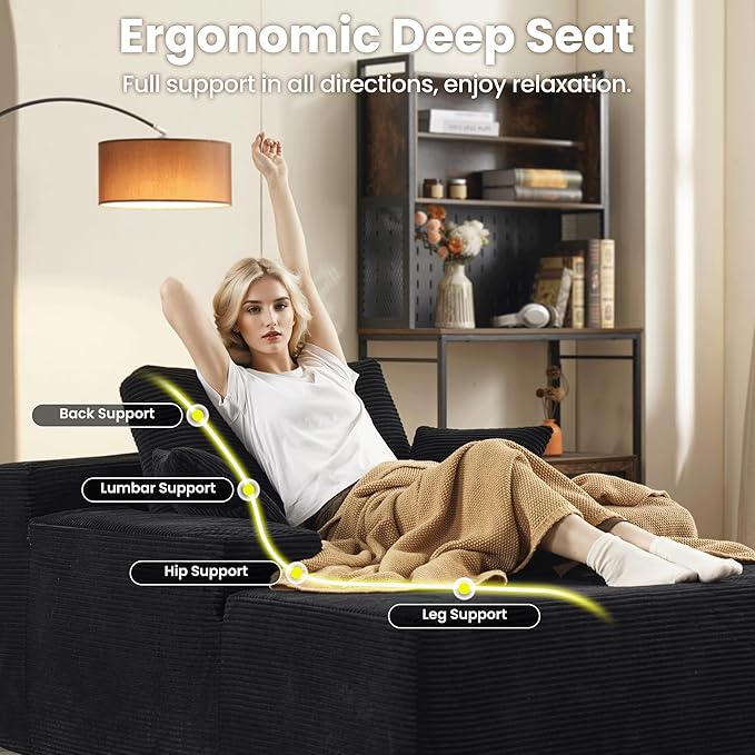 ovios 67'' Chaise Lounge Chair Indoor Oversized Upholstered Sofa Bed Sleeper Couch Reading Chairs Fluffy Plush Corduroy Cloud Sofas Couches for Living Room Black