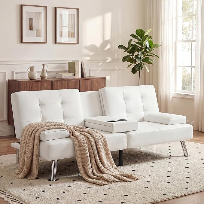 YESHOMY Modern Futon Sofa Bed Convertible Futon Couch with Adjustable Backrest Futon Loveseat Sleeper Sofa Bed with Armrest for Living Room Small SpacesPU Leather White