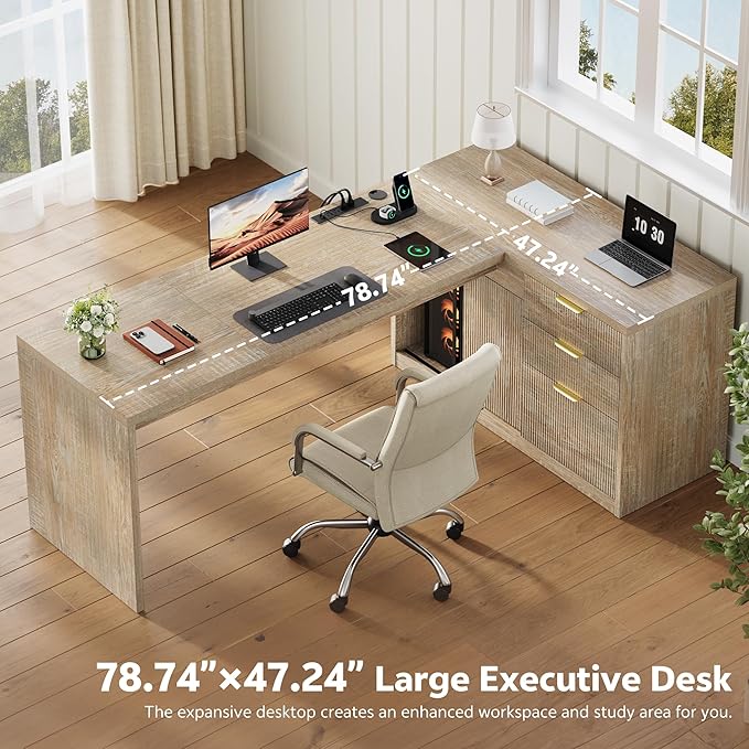 78 Inch L Shaped Office Desk with Drawers Fluted L Shape Computer Desk Executive Office Desk with File Cabinet Storage Shelves and Power Outlets Sturdy Writing Workstation Natural Oak