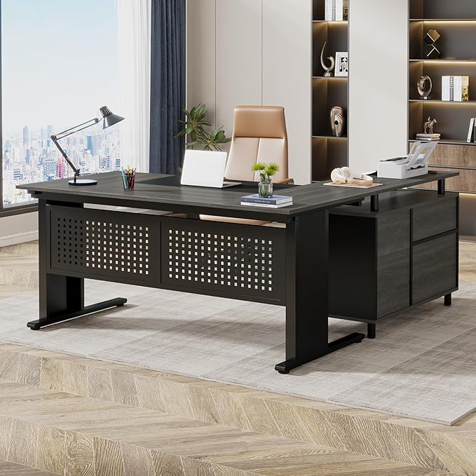 Tribesigns 63 Inch Executive Desk with File Cabinet L Shaped Office Desk with Drawers and Storage Shelves Business Furniture Set Workstation for Home Office Gray and Black
