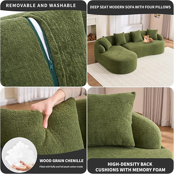 KEIKI L-Shaped Chenille Modular Sectional Couches with Chaise Lounge &amp 4 Pillows 3 Seater Oversized Upholstered Luxury Plush Cloud Sofa for Living Room Apartment Full Sponge Compression