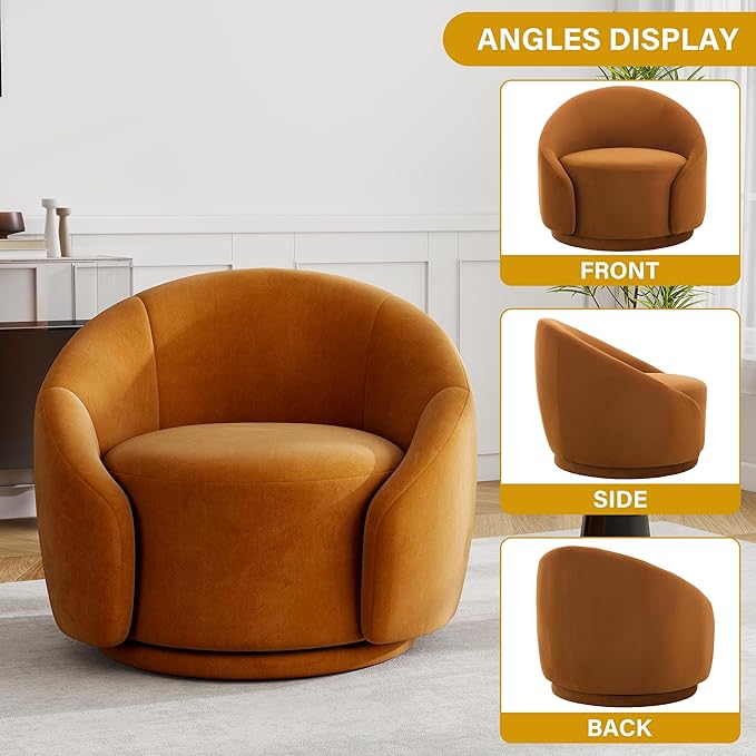 UIXE Swivel Accent Chair Velvet Barrel Chair Upholstered Arm Chair for Living Room Modern Round Club Chair with Turntable Base - Orange Set of 1