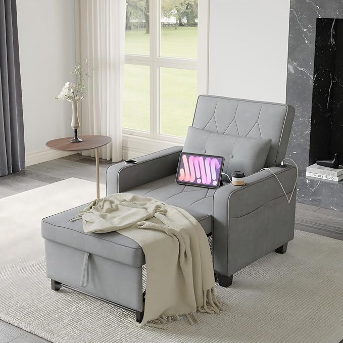 AILEEKISS 3 in 1 Convertible Sleeper Chair Bed Pull Out Sofa Chair Bed with Cup HoldersUSB &amp Type C PortsSide Pockets Linen Fabric Sleeper Single Sofa Couch for LivingroomApartmentOffice(Grey)
