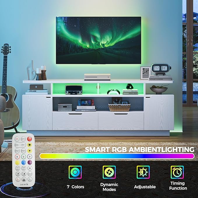 IRONCK TV Stand for TVs 85 inch with Power Outlet and LED Lights Entertainment Center with Storage Cabinets Media TV Console with Drawers Modern TV Stand for Living Room White