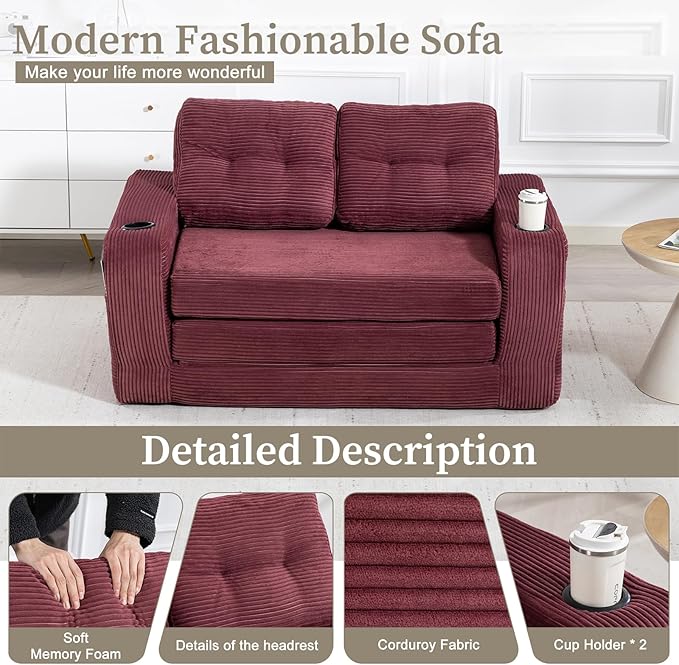 54 Convertible Sofa Bed 2-in-1 Boneless Sleeper Sofa with Cup Holder &amp Pocket Corduroy Pull Out Couch with 5 Pillows Couch Bed for Living Room Small Spaces Bedroom No Assembly