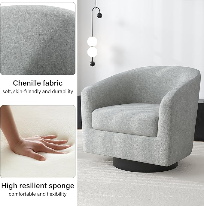 Swivel Barrel Accent Chair Modern Round Chenille Fabric Arm Chair for Living Room Bedroom Comfy Club Reading Chairs for Adults（Chenille Fabric Light Grey Set of 1