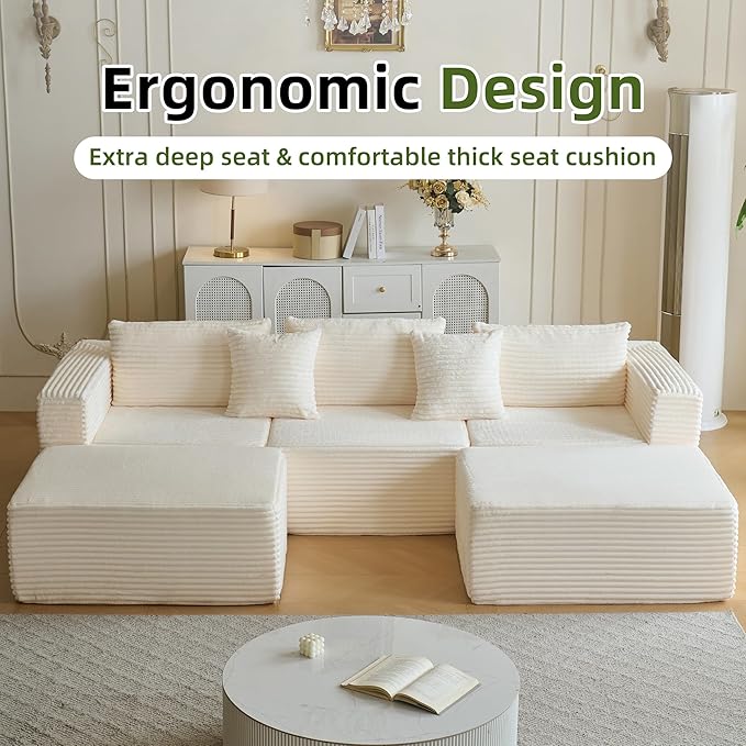 110 Modular Sectional Couch with 2 Movable Ottoman Cloud Sofa Couches for Living Room U Shaped Deep Seat Boneless SofaLuxury Corduroy Fabric No Assembly Required White
