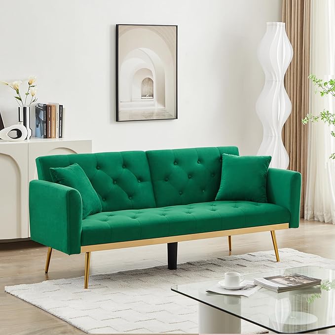 Modern Velvet 2 in 1 Futon Sofa BedConvertible Folding Sleeper Bed Couches with 2 Pillows73 Tufted Recliner Love Seat with Golden Chrome Legs for Living Room Apartment Office (Green-New Velvet)