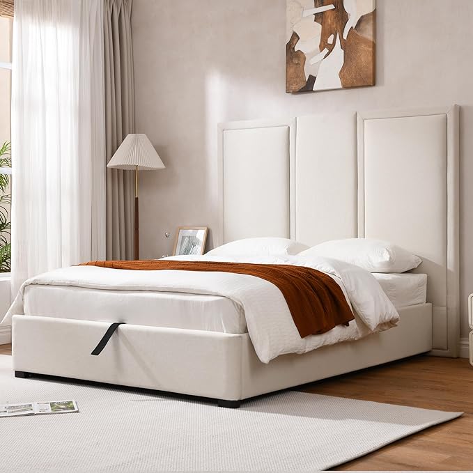 YUHUASHI Queen Size Bed Frame with 64-inch High Headboard Simple and Airy Linen Upholstered Platform Bed with Storage Drawers Wood Slat No Noise (Beige Queen(Hydraulic Lift))