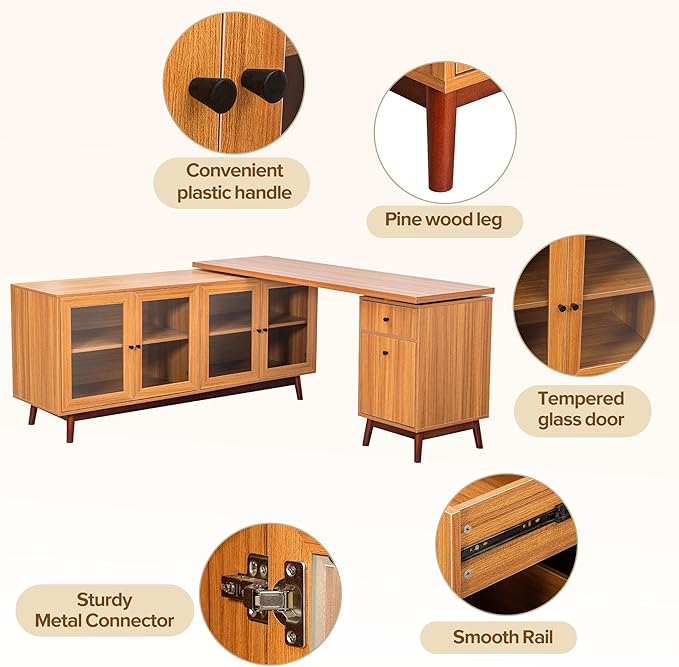 66.5 Modern L-Shaped Executive Desk with Delicate Tempered Glass Cabinet StorageLarge Office Desk with DrawersBusiness Furniture Desk Workstation for Home Office