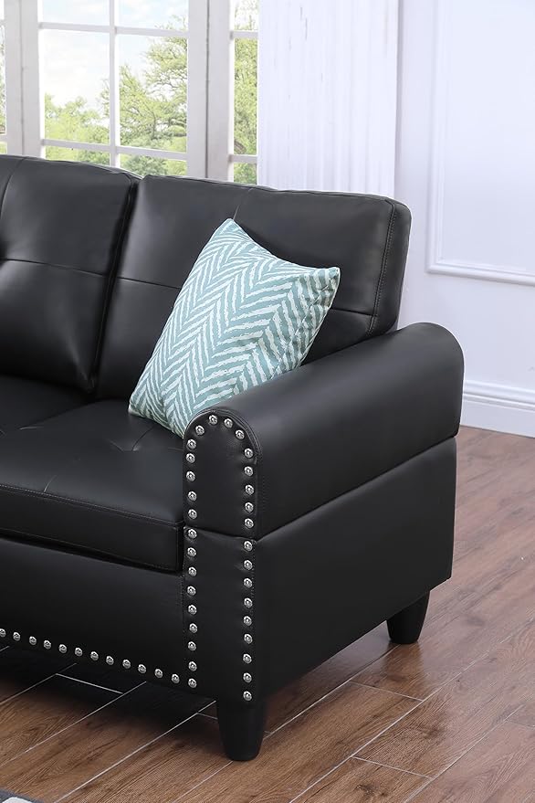 EMKK Faux Leather L-Shaped Sectional Sofa with Storage Ottoman Nailhead Rivet Hemming Upholstered Modular Couch w/Reversible Cup Holder for Living Room Apartment