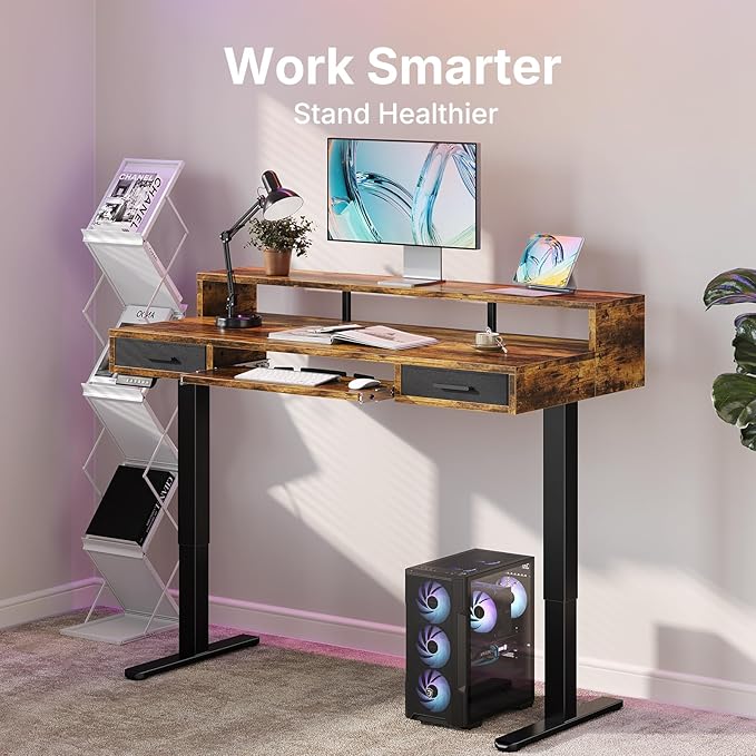 HUANUO 48″ x 26″ Electric Standing Desk with 2 Drawers &amp24.4″ Large Keyboard Tray C-Clamp Mount Compatible Adjustable Computer Desk for Office Sit Stand Up Desk with 4 Height Presets Vintage B