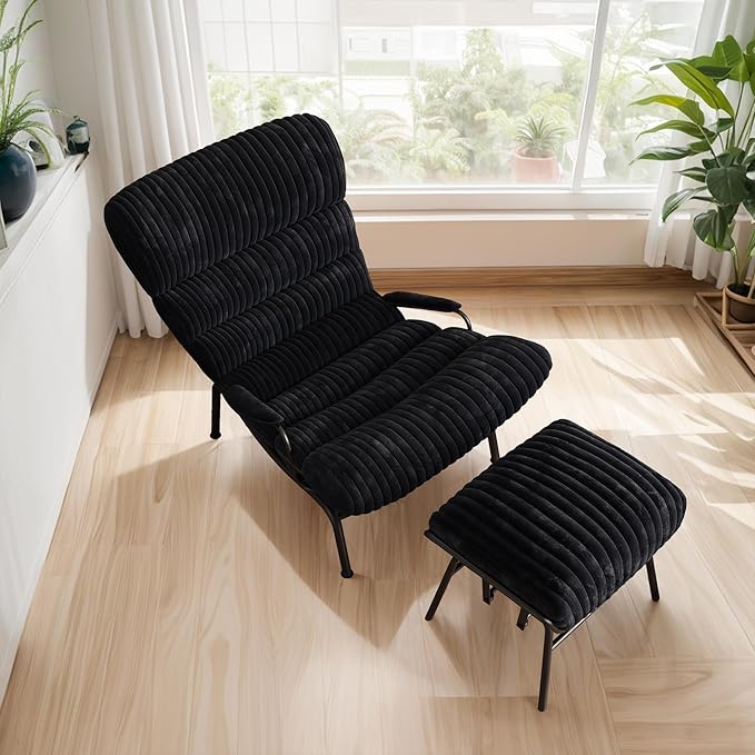 ovios Rocking Chair with Ottoman Glider Recliner with Footrest Lazy Accent Armchair with Comfy Cushion for Living Room Bedroom Office Cloud Plush Corduroy Black