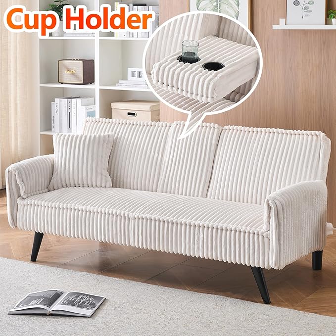 72” Corduroy Futon Sofa Bed with Pillows Modern Convertible Futon Couch with 2 Cup Holders&amp Metal Legs for Small Spaces Living Room Solid Wood Frame (White)